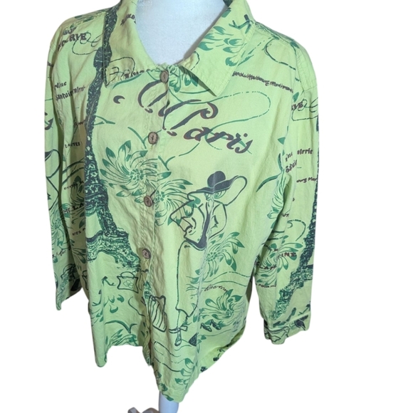 Vtg Jane Ashley Lime Green Paris Graphics Button Front Cotton Jacket Sz 2X - Picture 2 of 8